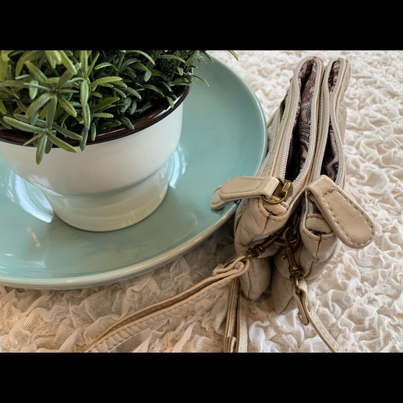 Crossbody Organizer Shoulder Bag Purse Wristlet Clutch Khaki Cream - Picture 6 of 9